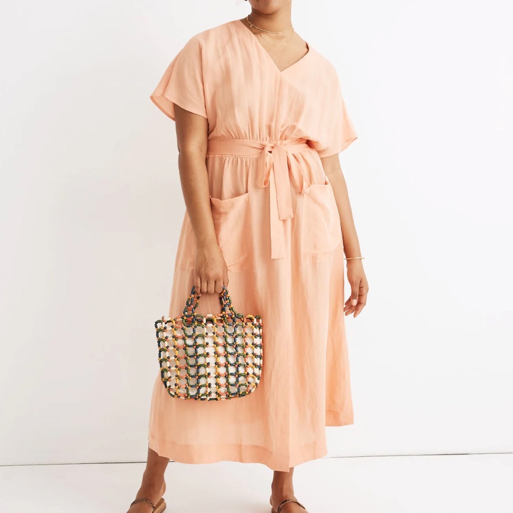Madewell Petite Linen-Blend Dolman-Sleeve Peach Color Midi Dress coastal cowgirl